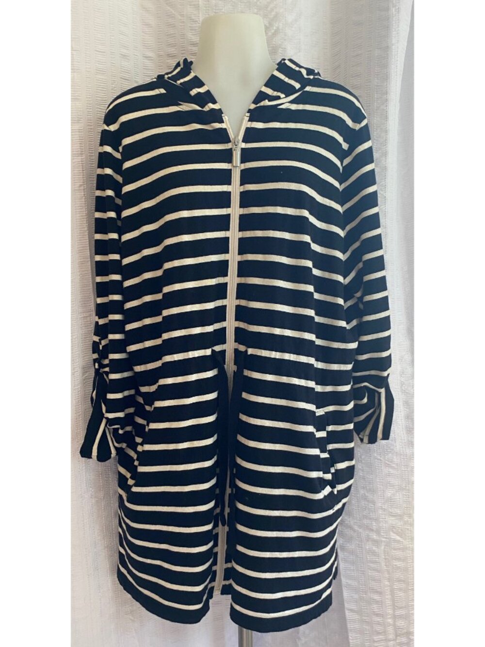 Apt. 9 Black And White Striped Long Sleeve Hooded Zip Up Jacket Swim Cover Up